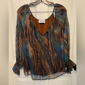 VA VA by JOY HAN Women’s Brown & Blue Leopard Print V-Neck Bell Cuff Top Size L